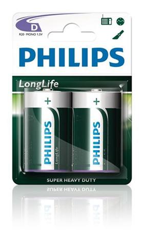 Philips baterie D LongLife zinkochloridov - 2ks, blister