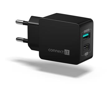 CONNECT IT Fast Charge nabíjecí adaptér 1xUSB-A + 1xUSB-C, 3,4A, černý