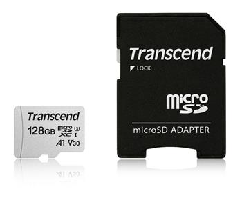 Transcend 128GB microSDXC 300S UHS-I U3 V30 A1 3D TLC (Class 10) pamov karta (s adaptrem), 95MB/s R, 40MB/s W