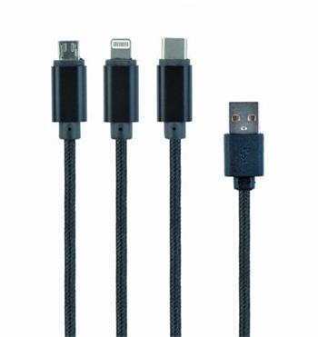 Kabel CABLEXPERT USB A Male/Micro B + Type-C + Lightning, 1m, opletený, černý, blister