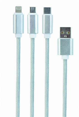 Kabel CABLEXPERT USB A Male/Micro B + Type-C + Lightning, 1m, opletený, stříbrný, blister