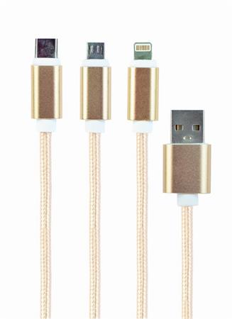 Kabel CABLEXPERT USB A Male/Micro B + Type-C + Lightning, 1m, opletený, zlatý, blister