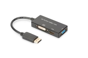 Digitus DisplayPort Kabelový převodník, DP - HDMI+DVI+VGA M-F/F/F, 0,2 m, multimediální kabel 3v1, CE, zlato, bl