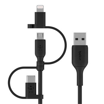 Belkin univerzální kabel USB-A / microUSB s adaptérem na Lightning a USB-C konektorem, 1m, černý