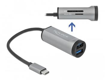 Delock Hub USB 3.2 Gen 1 se 2 porty a s připojením USB Type-C™ a slotem pro kartu SD + Micro SD