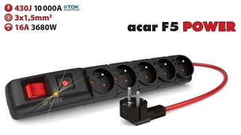 Acar F5 3m kabel, 5 zsuvek, pepov ochrana, max.proud 16A, ern