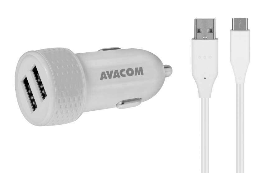 AVACOM nabíječka do auta 5V/3,1A se dvěma USB výstupy, USB - USB-C kabel, bílá barva