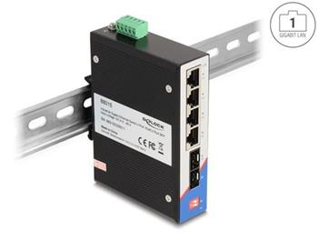 Delock Prmyslov pepna st Gigabit Ethernet se 4 porty RJ45 a 2 porty SFP, na DIN litu