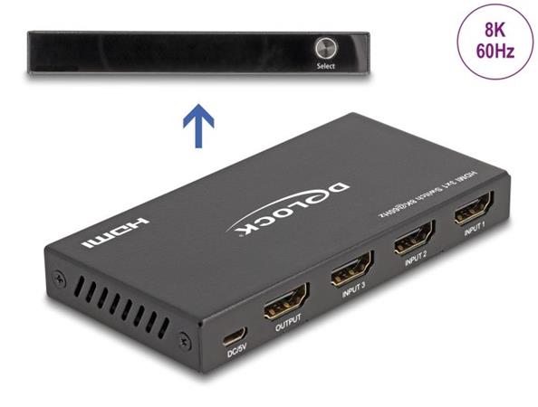 Delock HDMI Switch 3 x vstupn porty HDMI na 1 x vstupn port HDMI, 8K 60 Hz