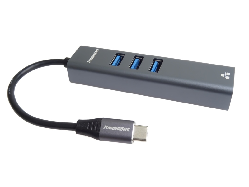 PremiumCord Adapter USB-C na Gigabit 10/100/1000Mbps + 3x USB3.0 konektor / ku31ether04