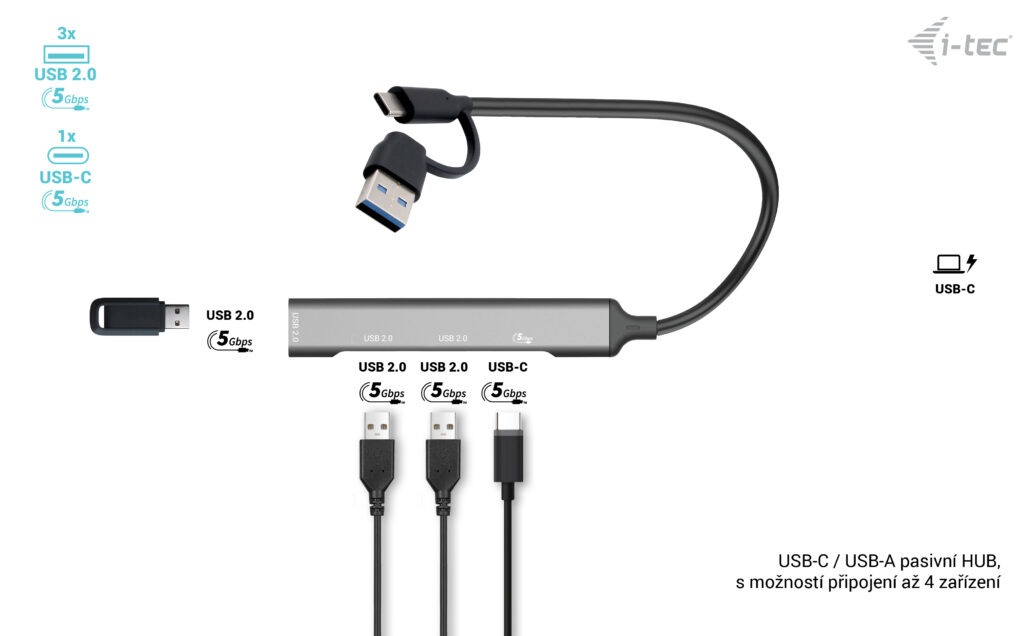 i-tec USB-A/USB-C Metal HUB/ 1x USB-C 3.1/ 3x USB 2.0/ CAHUBMETALMINI4