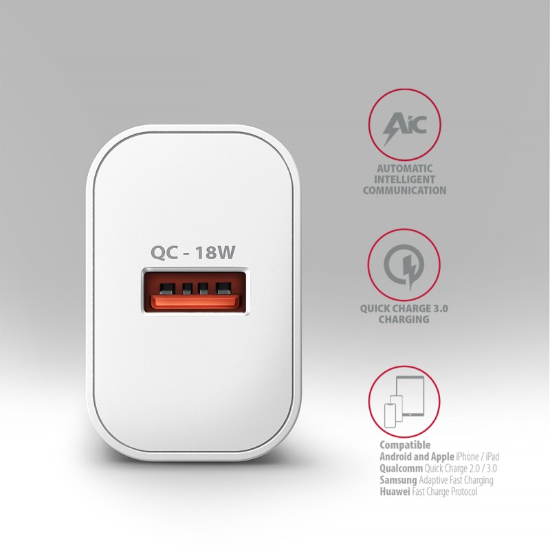 AXAGON ACU-QC18W, Nabíječka do sítě 18W, 1x port USB-A, QC3.0/AFC/Apple, bílá