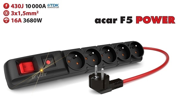 Acar F5 3m kábel, 5 zásuviek, prepäťová ochrana, max.prúd 16A, čierny / ppacarf5-3power