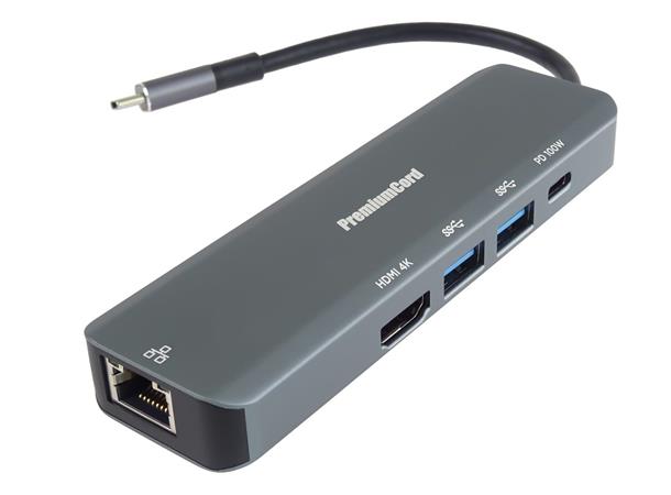 PremiumCord USB-C na HDMI + 2x USB3.2 + PD 100W+ RJ45 10/100/1000Mbps adaptér / ku31dock19